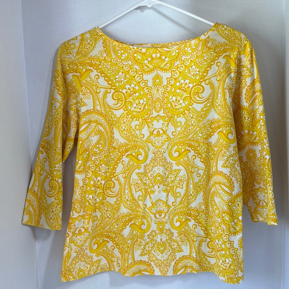 Talbots petites yellow and white paisley 3/4 sleeve popover top size XL